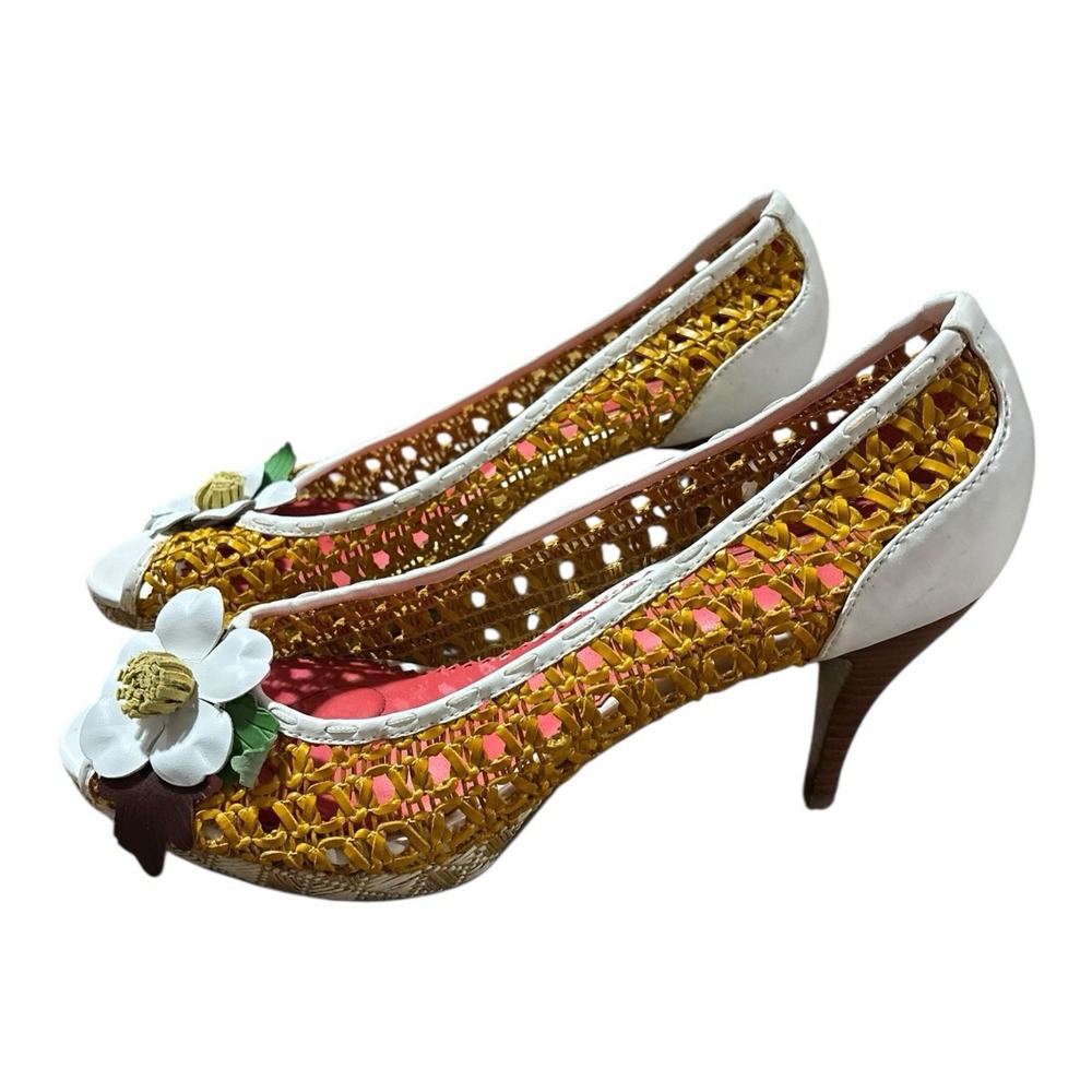 Poetic Licence London "Prickly Pear Canary" Peep Toe Heels EUR 40.5 US 9.5 Woven